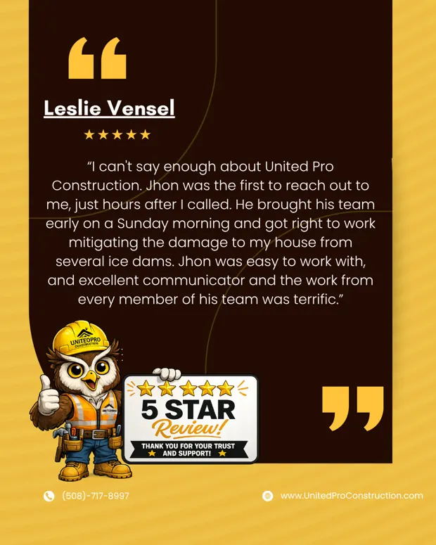 5-star review from Leslie Vensel about a full roof and interior restoration