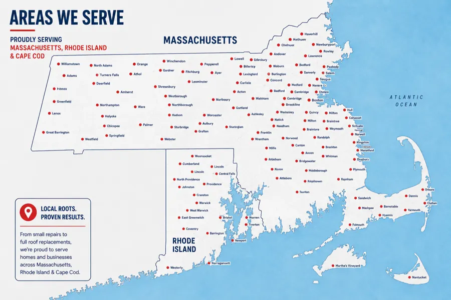 Map of Massachusetts, Rhode Island and Cape Cod towns served by United Pro Construction